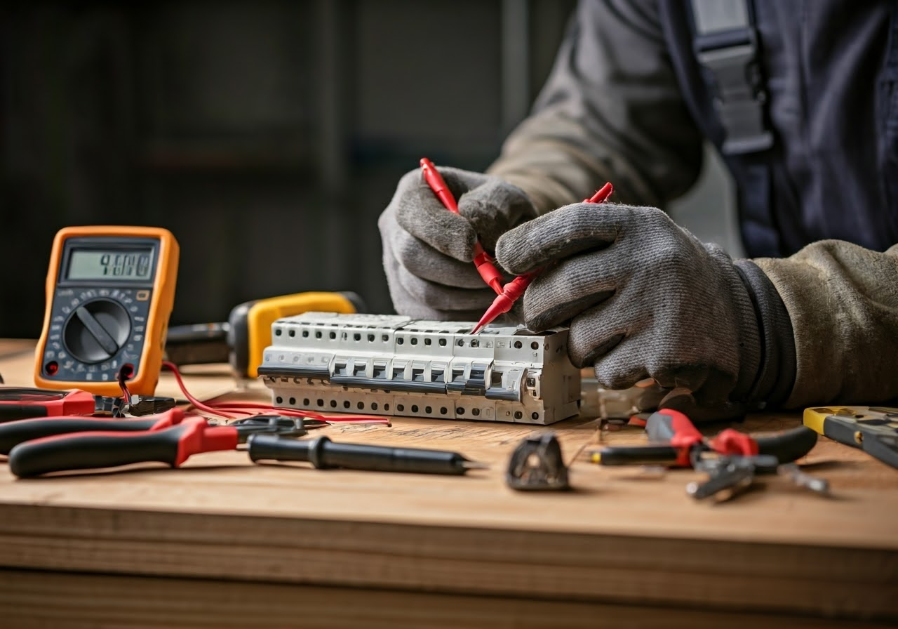 Electrician testing circuit breaker