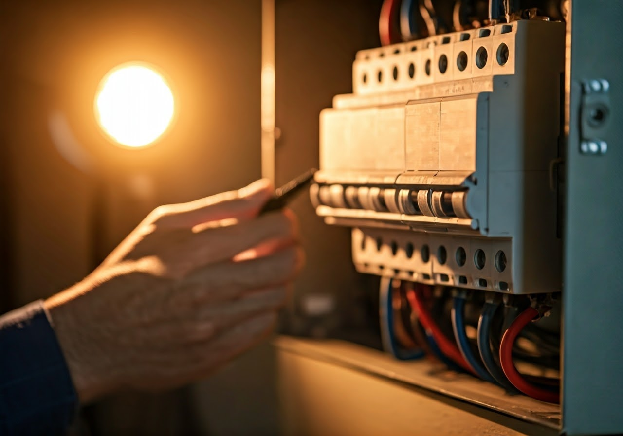 Electrician inspecting circuit breaker