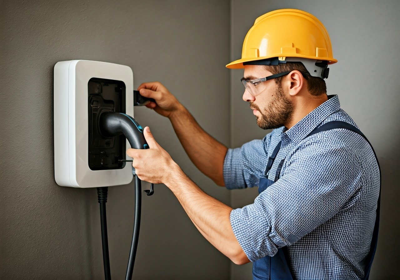 Electrician installing EV charger at home