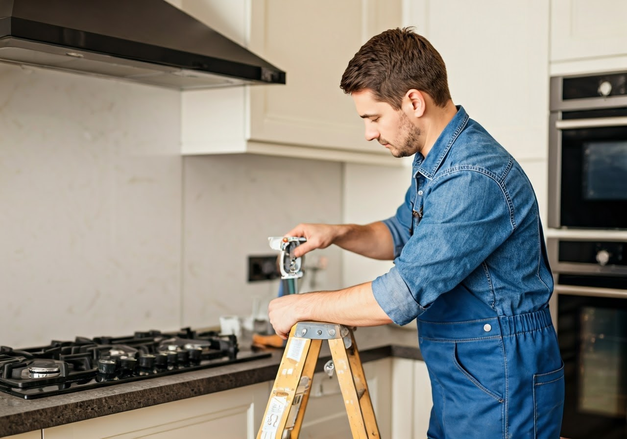 Electrician installing outlets in kitchen