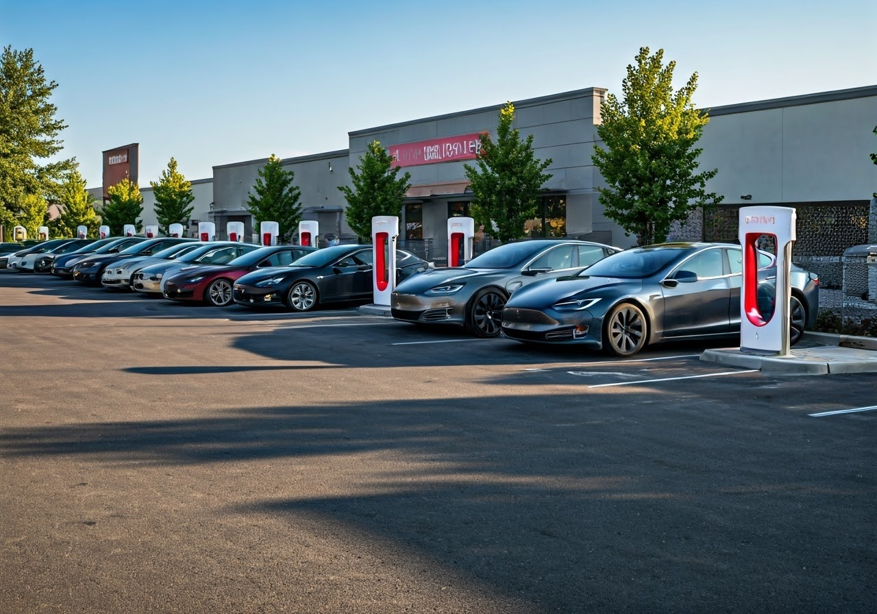 Tesla chargers in commercial parking lot