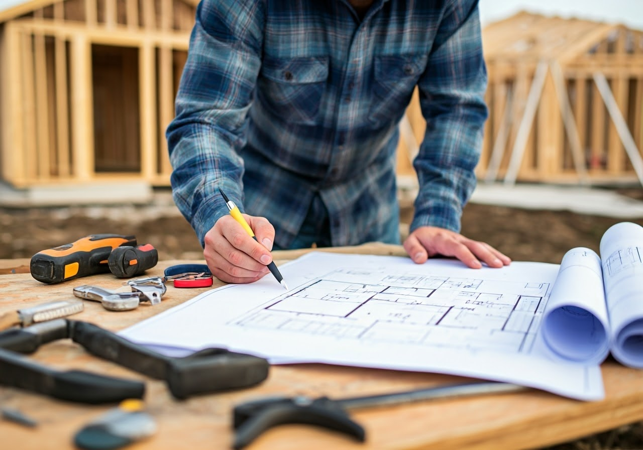Electrician reviewing blueprints outdoors