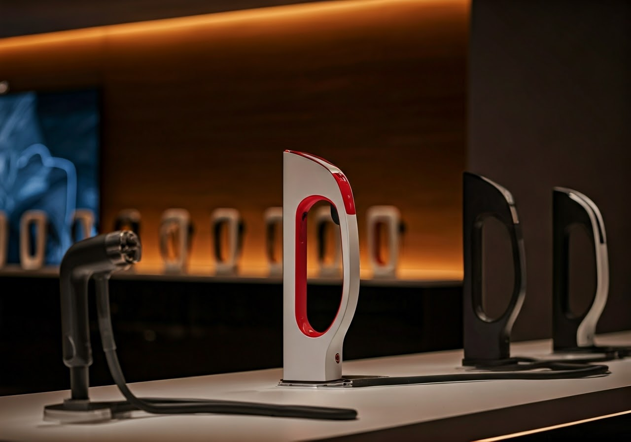 Different Tesla charger models in showroom