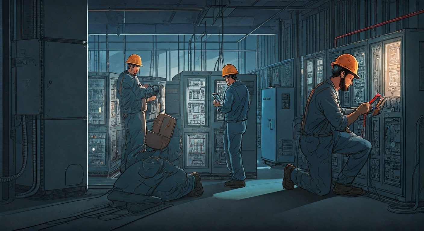 Electricians inspecting a commercial building