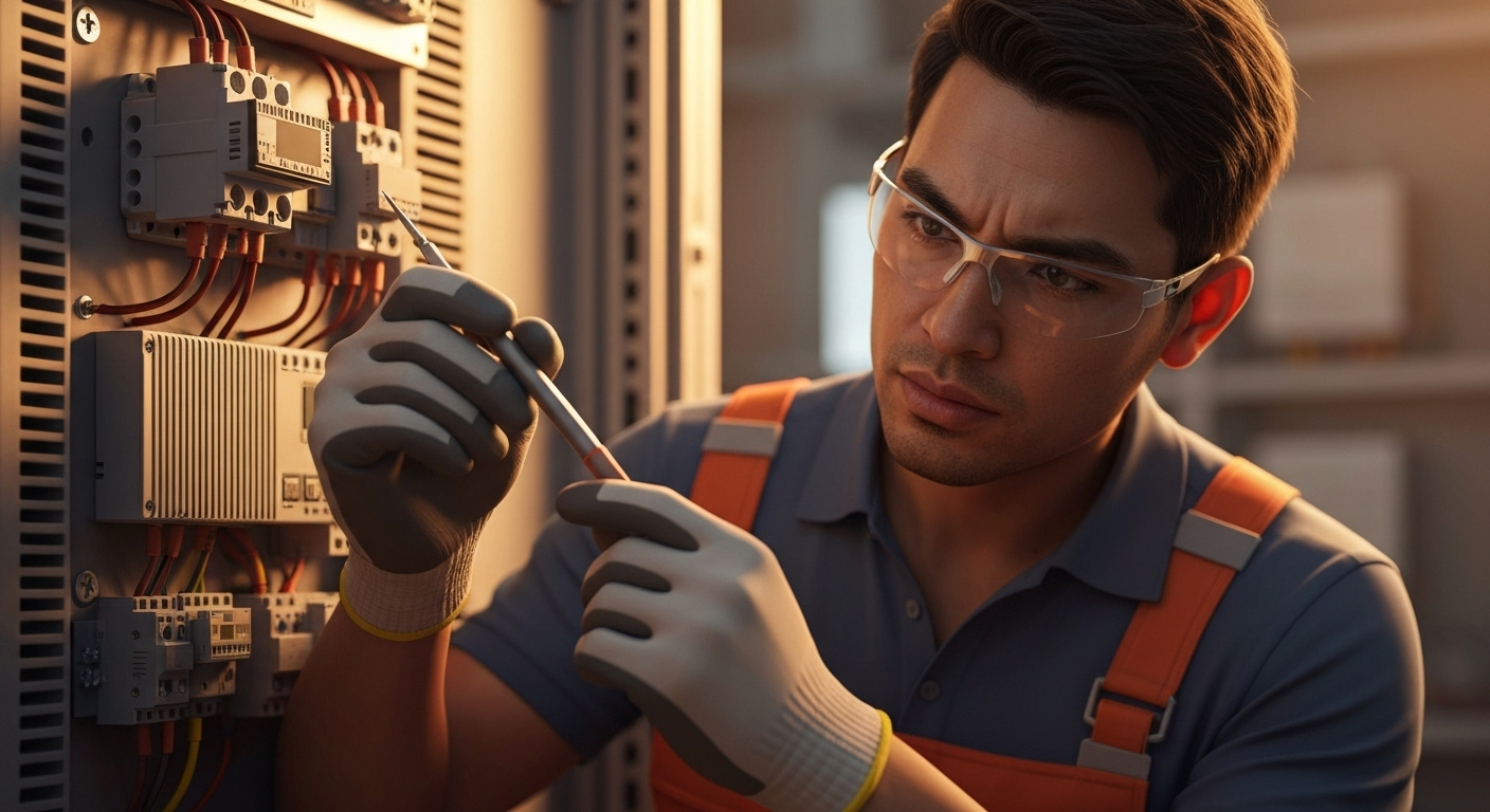 Electrician inspecting electrical panel